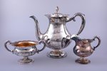 service of 3 items: coffeepot, sugar-bowl, cream jug, silver, 830 standart, gilding, 902.85 g, (coff...