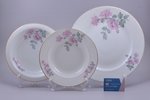 set of 8 plates: 6 soup plates, 1 serving plate, 1 salad bowl, porcelain, M.S. Kuznetsov manufactory...