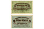 2 банкноты: 3 рубля, 5 марок, немецкая оккупация, 1916-1918 г., XF...