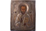 ikona, Svētais Nikolajs Brīnumdarītājs, dēlis, gleznojums, metāls, Krievijas impērija, 31.5 x 26.4 x...