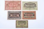 set of banknotes: 50 copecks, 1 ruble, 3 rubles, 10 rubles, 20 kopecks, German occupation, 1916, VF-...