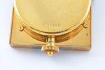 travel clock, "Jaeger-LeCoultre", Switzerland, 10.6 x 6.4 x 2.4 cm, working well, damaged leather in...