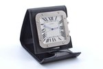 travel clock, "Cartier", Quartz, Switzerland, 5.3 x 5.3 cm, in a leather case, working well...