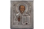 ikona, Svētais Nikolajs Brīnumdarītājs, dēlis, sudrabs, gleznojums, 84 prove, Mihaila Isakova darbnī...