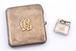 set of cigarette case and lighter, silver, 830 standart, cigarette case with gold monogram, total we...