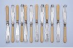 set of 12 oyster forks, silver, 950 standard, bone, 21.4 cm, France, bone handles with cracks...