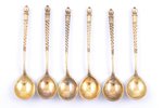 set of 6 coffee spoons, silver, 84 standard, total weight of items 77.50, engraving, gilding, 9.5 cm...