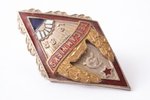 badge, Honorable Person of National Education of the Latvian SSR, Latvia, USSR, 37.2 x 20.6 mm, in a...