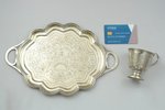 комплект из 4 чайных чашек и подноса, серебро, 84 проба, штихельная резьба, 1896 г., общий вес издел...