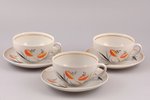 3 tējas pāri, no servīzes "Marijka", porcelāns, Rīgas porcelāna rūpnīca, Rīga (Latvija), PSRS, 20 gs...