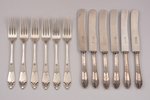 set of 6 forks and 6 knives, silver, 875 standard, total weight of forks 282.95, knives - silver/met...