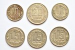 комплект из 6 монет: 20 копеек (1937), 15 копеек (1937, 1940, 1944), 10 копеек (1936, 1940), медно-н...