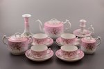 set, 15 items: teapot, sugar bowl, cream jug, 4 cups, 6 saucers, 2 candlesticks, porcelain, M.S. Kuz...
