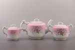 set, 15 items: teapot, sugar bowl, cream jug, 4 cups, 6 saucers, 2 candlesticks, porcelain, M.S. Kuz...