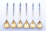 set of 6 teaspoons, silver, 84 standard, 77.60 g, cloisonne enamel, gilding, 10 cm, 1896-1907, Mosco...
