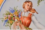 dekoratīvs šķīvis, "Tautu meita ar ziediem", porcelāns, M.S. Kuzņecova rūpnīca, roku gleznojums ar a...