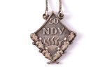 school badge, NDV 50, Natalija Draudziņa Secondary School, silver, Latvia, USSR, 24.4 x 21.1 mm...