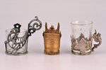 set, 3 miniature tea glass-holders, 2 glass-holders with glasses, metal, the beginning of the 20th c...