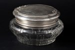 case, silver, 950 standard, weight of lid 56.45, glass, Ø 11.5 cm, France, chips on the edge of case...