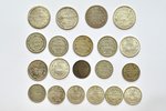 20 monētu komplekts, 1902-1915 g.: 4 x 20 kopeikas, 7 x 15 kopeikas, 9 x 10 kopeikas, sudraba billon...