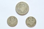 set of 3 coins, 3/4  rubles 5 zlot, 30 kopecks 2 zlot, 1838-1839, MW, silver, Russia, Congress Polan...