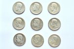 poltina (50 kopeikas), 1895-1901 g., 9 monētu komplekts, sudrabs, Krievijas Impērija...