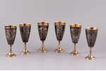 set of 6 small glasses, silver, 875 standard, 290 g, engraving, niello enamel, gilding, h 10.7 cm, U...