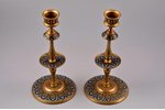 pair of candlesticks, brass, Champleve  cloisonne enamel , France, the 2nd half of the 20th cent., 1...
