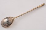 spoon, silver, 84 standard, 20.6 g, engraving, niello enamel, gilding, 14.5 cm, by Akimov V., 1892,...