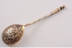 spoon, silver, 84 standard, 33.6 g, engraving, niello enamel, gilding, 16.2 cm, Konstantin Yakovlevi...