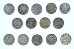 5 kopecks, 1822-1914, set of 14 coins, silver, silver billon (500), Russia...