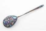 spoon, silver, 84 standard, 74.5 g, cloisonne enamel, 20.2 cm, by D. P. Nikitin, 1896-1907, Moscow,...