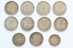 20 francs, 100 francs, 10 francs, 5 francs, 1966-1989, silver, 900 standard, France, 259.3 g...