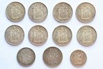 20 francs, 100 francs, 10 francs, 5 francs, 1966-1989, silver, 900 standard, France, 259.3 g...