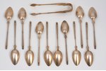 sugar tongs, set of 12 teaspoons, silver, 800 standard, 231.3 g, gilding, 13.2-14 cm, the beginning...