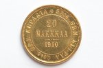 Finland, 20 marks, 1910, Nikolai II, gold, fineness 900, 6.4516 g, fine gold weight 5.806 g, KM# 9,...