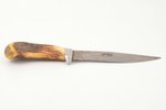 hunting knife, with engraved boar, metal, bone, total length 29 cm, blade length 16.6 cm, in leather...