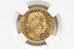 Австро-Венгрия, 20 франков, 8 форинтов, 1883 г., "Франц Иосиф", золото, MS 61, 900 проба, 6.4516 г,...