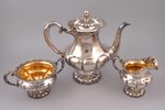 service of 3 items: sugar-bowl, coffeepot, cream jug, silver, 830 standard, 966 g, gilding, h 22 / 1...