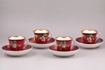 set, 4 tea pairs, porcelain, M.S. Kuznetsov manufactory, hand-painted, Russia, the end of the 19th c...