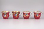 set, 4 tea pairs, porcelain, M.S. Kuznetsov manufactory, hand-painted, Russia, the end of the 19th c...