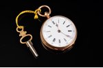 sieviešu korsāžas pulkstenis, ar atslēgu, Francija, zelts, emalja, 18 K prove, 3.9 x 3.2 cm, Ø 32 mm...