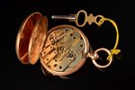 women's corsage watch, with key, France, gold, enamel, 18 K standart, 3.9 x 3.2 cm, Ø 32 mm...