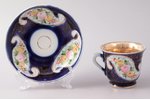 tea pair, cobalt, porcelain, M.S. Kuznetsov manufactory, hand-painted, Russia, the end of the 19th c...
