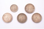 set of 5 coins: 1 mark, 5 marks, 1934-1938, A, silver, Germany, Ø 23 / 29 mm...