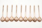 set of 9 teaspoons, silver, 84 standard, total weight of items 141.30 g, engraving, gilding, 12.5 cm...