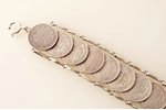 komplekts, pulksteņa ķēde no 10 kapeiku monētām (1889-1915), broša no 5 kapeiku monētām, sudraba bil...