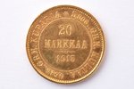 Somija, 20 markas, 1913 g., "Nikolajs II", zelts, 900 prove, 6.4516 g, tīra zelta svars 5.80644 g, K...