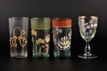 a set of 3 goblets and glass, enamel painted glass, Russia, the border of the 19th and the 20th cent...