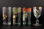 a set of 3 goblets and glass, enamel painted glass, Russia, the border of the 19th and the 20th cent...